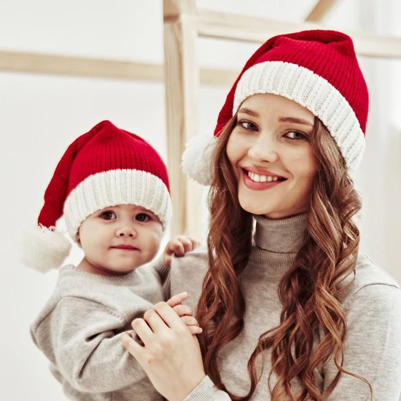 Mom & Baby Set Knitted Christmas Hat Pompom Santa Beanie-1