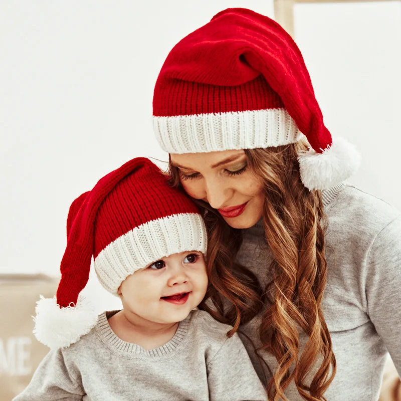 Mom & Baby Set Knitted Christmas Hat Pompom Santa Beanie-2